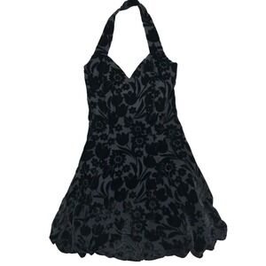 CDC Evening Black Burnout‎ Velvet Floral Halter Fit Flare Dress M Vintage 90's
